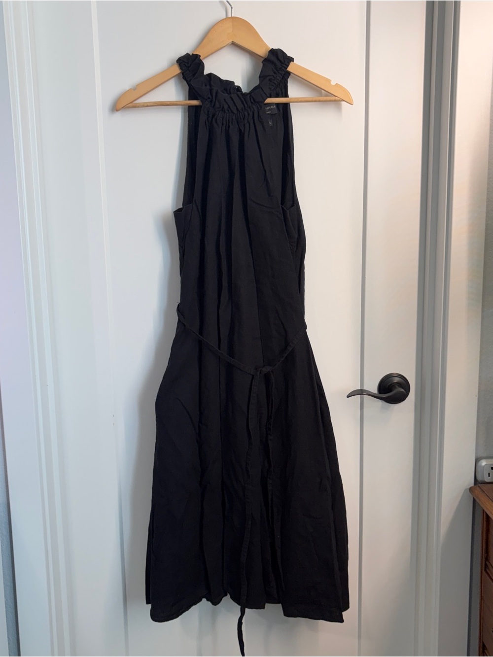 Banana Republic Linen Sleeveless Black Halter Midi Dress with Tie Waist